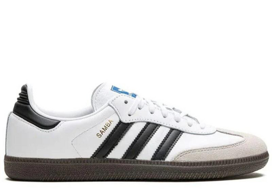 Adidas Originals 'Samba' sneaker in white with black stripes, featuring a gum sole and suede toe cap for a classic, stylish look.