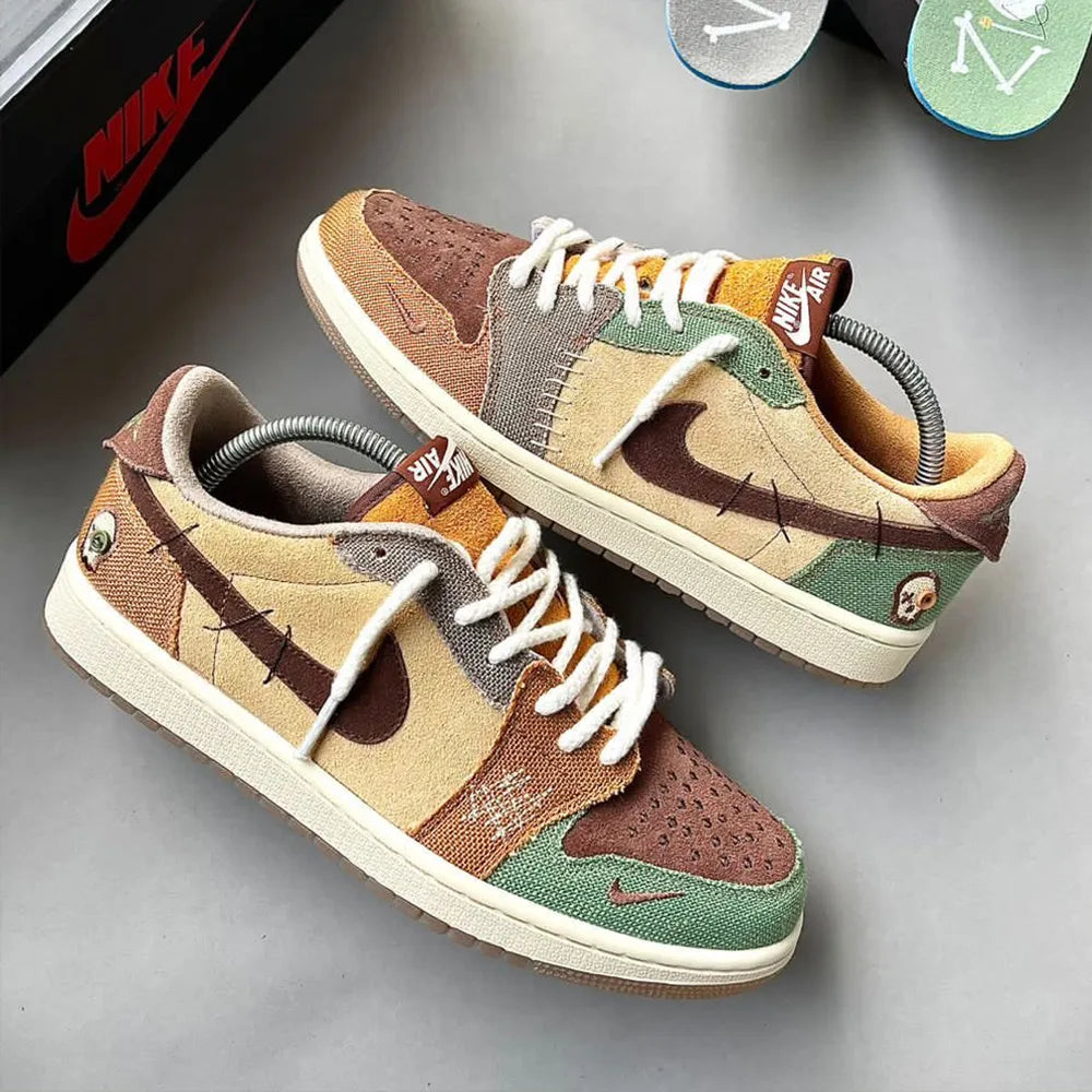 Top-down view of the Jordan 1 Low 'Voodoo' displaying unique stitching, mismatched panels, and premium materials. A collector’s edition sneaker with bold aesthetics.