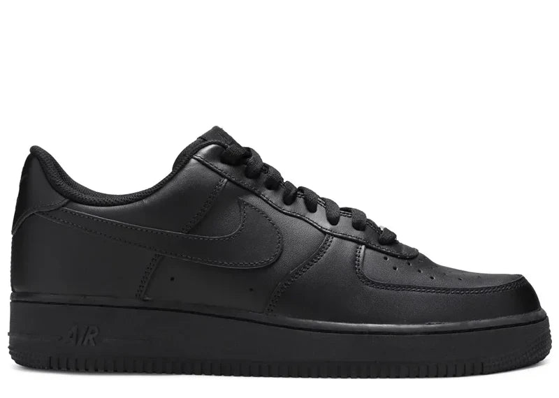 Air Force 1 Low 'Black' sneaker featuring an all-black leather upper, perforated toe box, and Nike Swoosh. A bold and versatile choice for any outfit.
