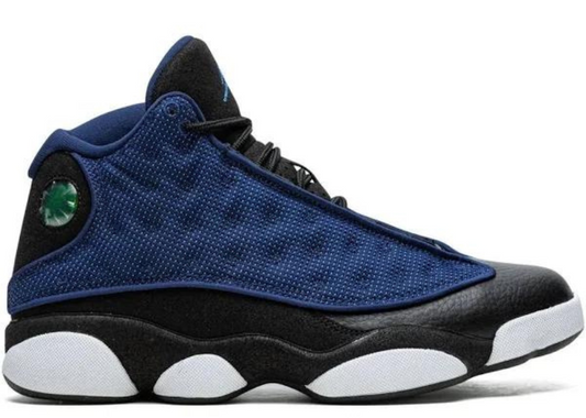 Air Jordan 13 'Brave Blur' sneaker featuring a blue mesh upper, black leather accents, and a signature holographic emblem. Premium comfort and style.
