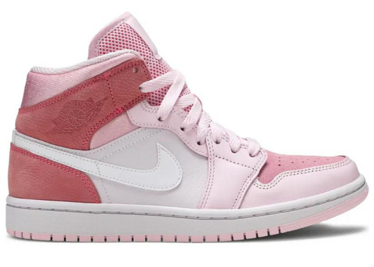 Jordan 1 Mid 'Digital Pink' sneaker in a stylish pink and white colorway, featuring premium leather and mesh details for comfort and durability.