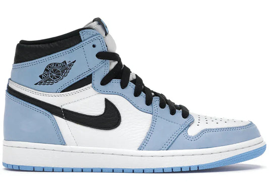 Jordan 1 Mid 'University Blue' sneaker in white, black, and blue with premium leather and iconic Nike Swoosh. Stylish and comfortable for everyday wear.