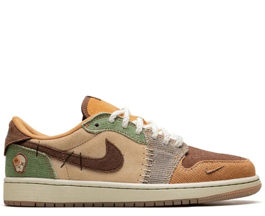 Jordan 1 Low 'Voodoo' sneaker featuring earthy tones, premium suede, and stitched detailing for a unique design. Limited edition with iconic Nike branding.