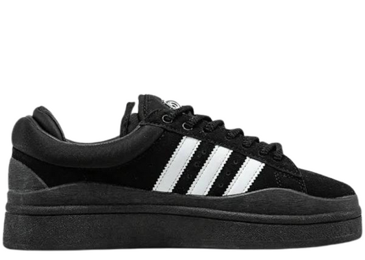 Adidas Originals Bad Bunny Campus 'Black/White' sneaker featuring a black suede upper with white three-stripe branding and a chunky sole.