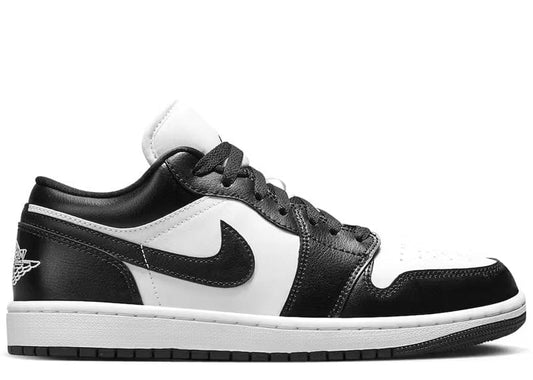 Jordan 1 Low 'Panda' sneaker in black and white, featuring premium leather construction and classic Nike Swoosh. A must-have for sneaker enthusiasts.