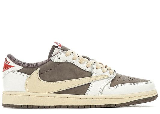 Jordan 1 Retro Low OG 'TRAVIS SCOTT REVERSE MOCHA' sneaker in brown and cream tones with reverse Swoosh and premium suede and leather construction.