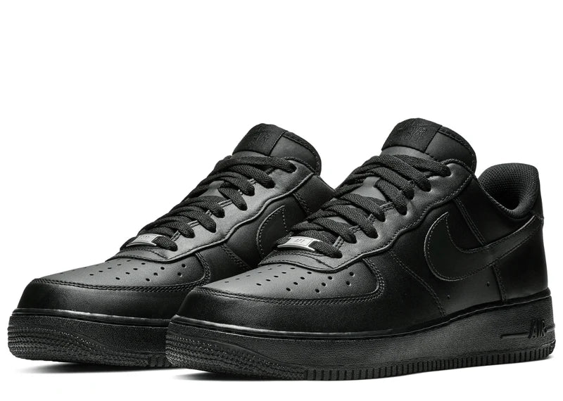 Pair of Air Force 1 Low 'Black' sneakers with a sleek monochrome design, cushioned sole, and premium materials for all-day comfort and durability.