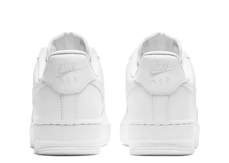 Rear view of Air Force 1 Low 'White' sneakers with embossed Nike Air branding on the heel, offering a clean and stylish finish to the classic silhouette.