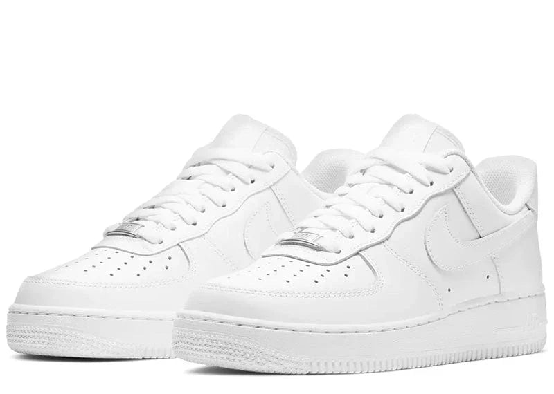 Pair of Air Force 1 Low 'White' sneakers showcasing a sleek all-white design, durable construction, and signature AF1 detailing for unmatched style.