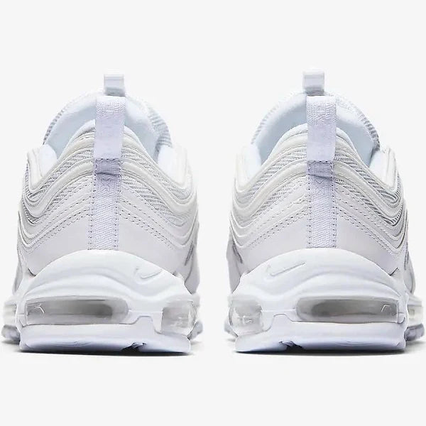 Back view of Nike Air Max 97 'White/Black' in white, featuring pull tabs and a visible Air unit for a stylish and comfortable fit.