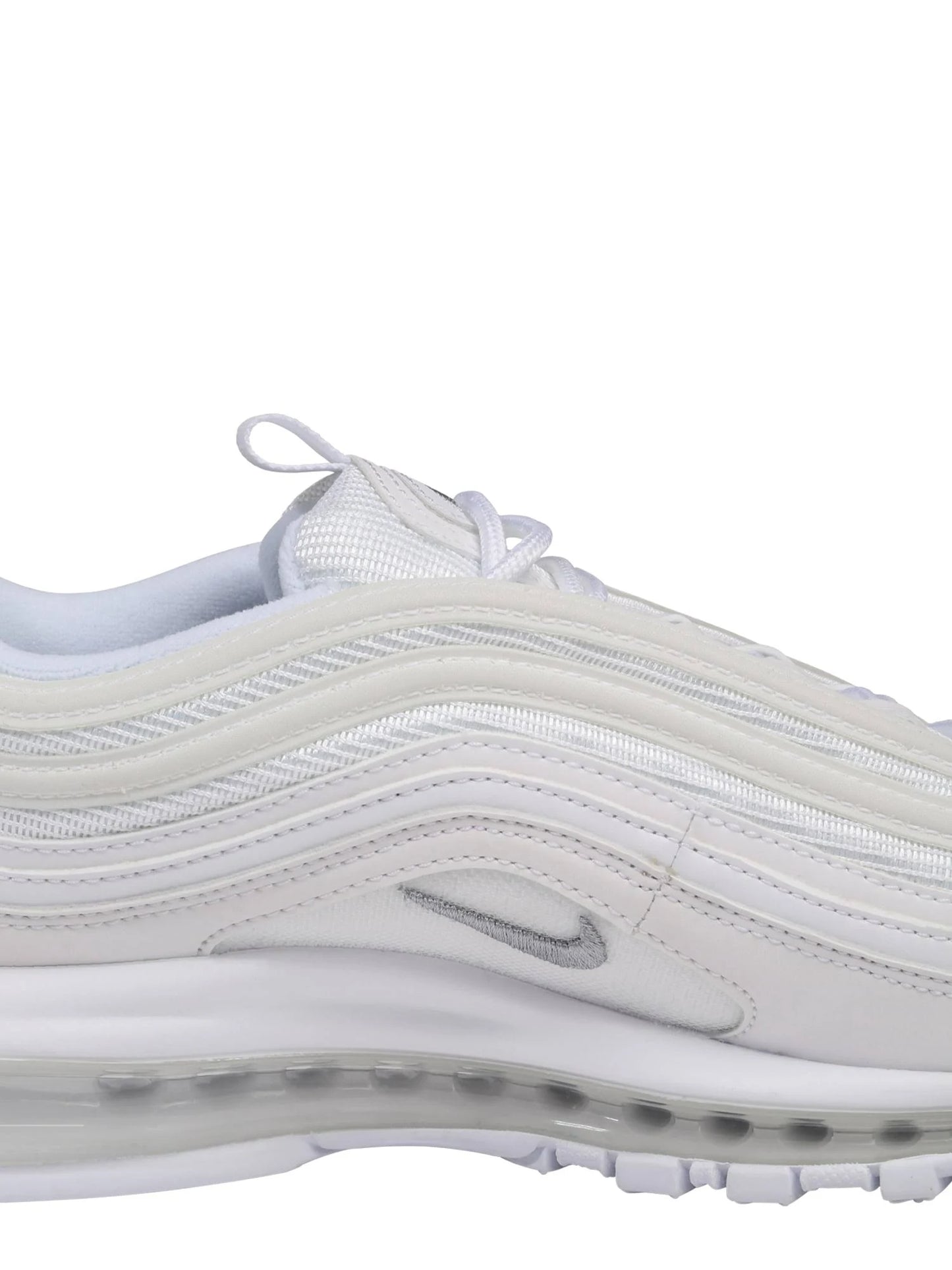 Side detail of Nike Air Max 97 'White/Black' in white, showcasing the signature wavy lines and metallic Nike Swoosh branding.