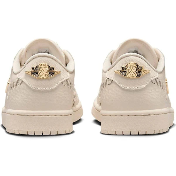 Rear view of the Jordan 1 Low - Method of Make 'Legend Light Brown' displaying gold Air Jordan Wings logo and premium leather heel design.