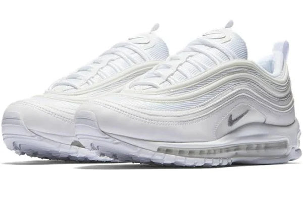 Pair of Nike Air Max 97 'White/Black' sneakers in white, showcasing a futuristic wavy design with reflective details and a sleek silhouette.