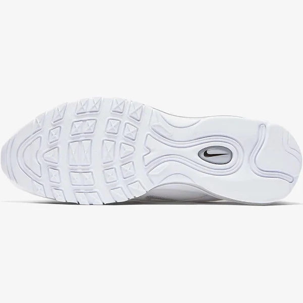 Outsole of Nike Air Max 97 'White/Black' in white, featuring a durable rubber tread pattern for superior traction and grip.
