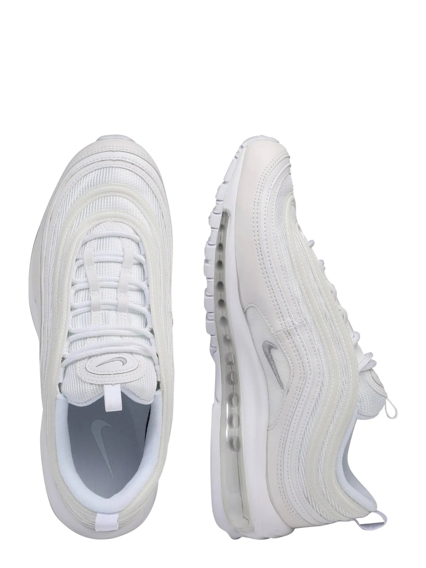 Top-down view of Nike Air Max 97 'White/Black' in white, highlighting the breathable mesh upper and lace-up closure for a secure fit.