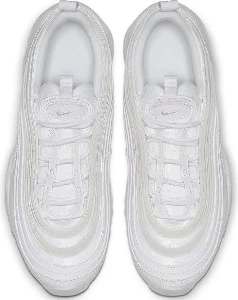 Overhead view of Nike Air Max 97 'White/Black' in white, displaying the sleek design and cushioned insole for all-day comfort.