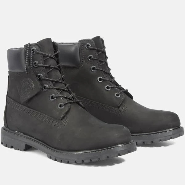 Pair of Timberland Premium 6-Inch Boots Unisex in black, featuring rugged design, premium materials, and all-weather durability.
