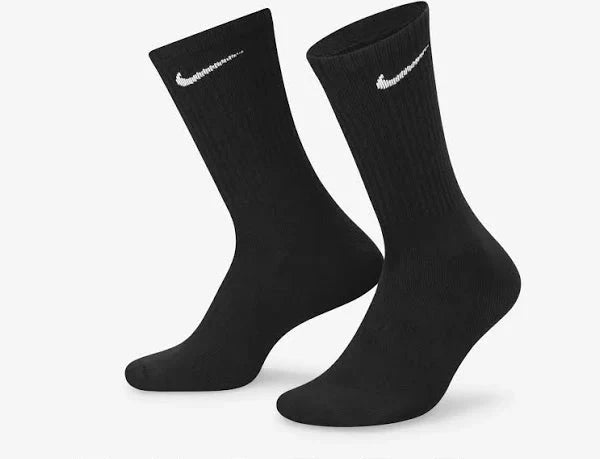 Nike Everyday Socks in black with white swoosh logo. Designed for comfort and durability, perfect for sports and casual wear.