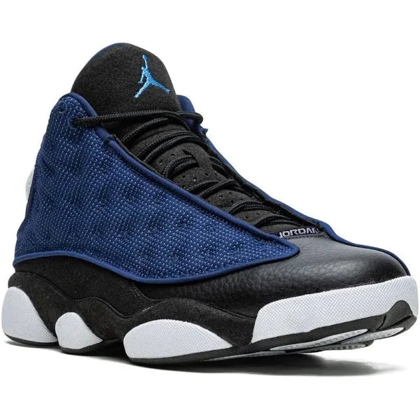 Close-up angled view of the Air Jordan 13 'Brave Blur' showcasing its sleek design, breathable mesh, and cushioned sole for all-day comfort.