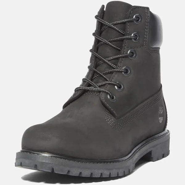 Front view of Timberland Premium 6-Inch Boot Unisex in black, highlighting sturdy laces, waterproof nubuck leather, and rugged design.