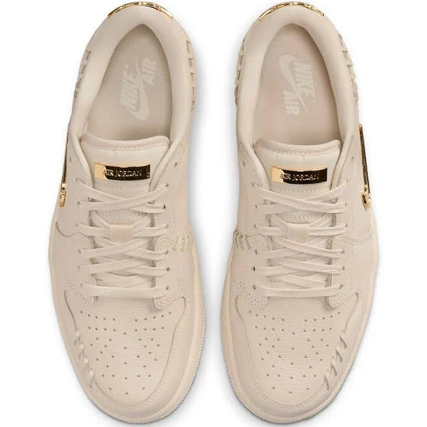 Top-down view of the Jordan 1 Low - Method of Make 'Legend Light Brown' featuring perforated toe box, gold branding, and premium craftsmanship.
