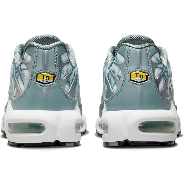 Rear view of Air Max Plus 'Origins Waterway' sneakers highlighting the Tn Air logo, visible Air cushioning, and sleek blue and white gradient design.