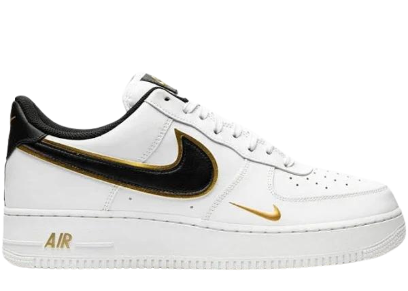 Air Force 1 Low ’07 Essential Mini Swoosh 'White Black Gold' sneaker with premium leather, black and gold swoosh, and gold accents on a white sole.