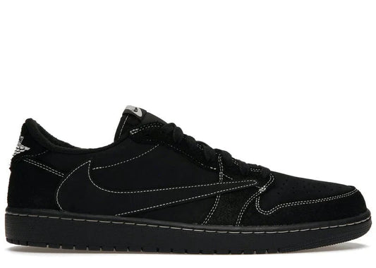 Jordan 1 Retro Low OG 'TRAVIS SCOTT BLACK PHANTOM' in black suede with signature reverse Swoosh and contrast stitching. Limited edition sneaker.